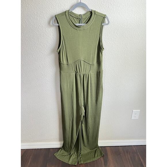 New Cider Olive Green Ribbed Knit Wide Leg Jumpsuit Women's 0XL 12/14 Stretchy - Picture 2 of 6